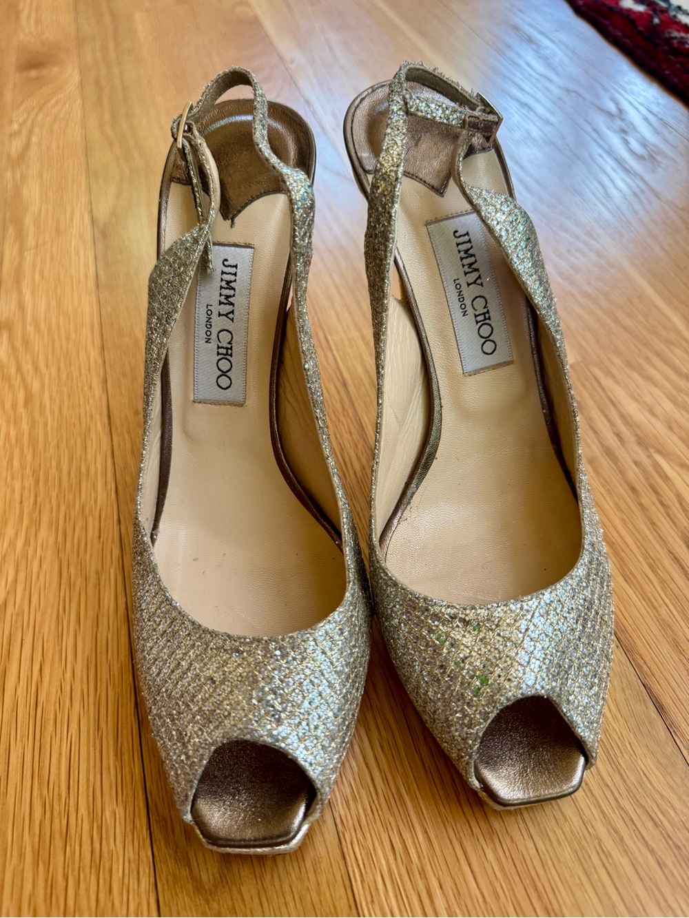 Jimmy Choo Gold Glitter Peep-Toe Slingback Heels